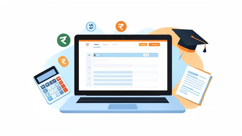 Tax training illustration with laptop, calculator, rupee symbols and graduation cap